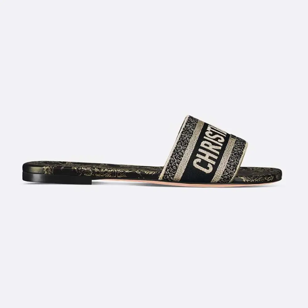 Front angle view of Dior Women Dway Slide Cotton Embroidered with Metallic Thread and Black
