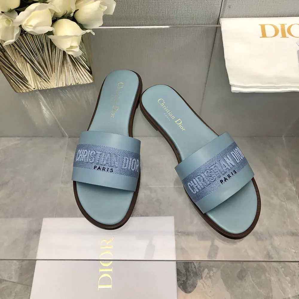 Side profile showing silhouette of Dior Women Dway Slide Pastel Blue