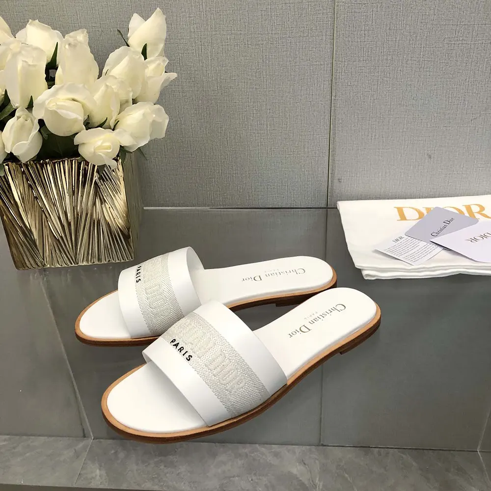 Dior Women Dway Slide White Calfskin and Embroidered Cotton - image 4