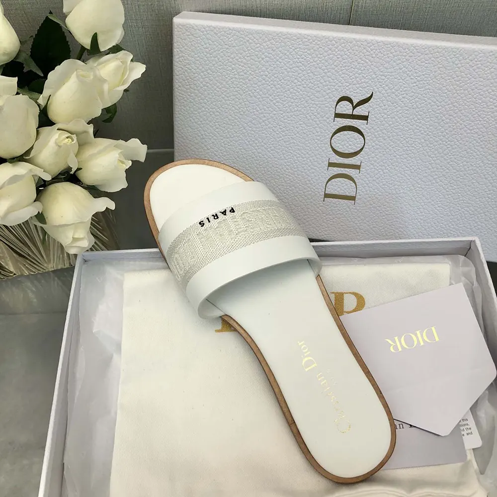 Dior Women Dway Slide White Calfskin and Embroidered Cotton - image 9