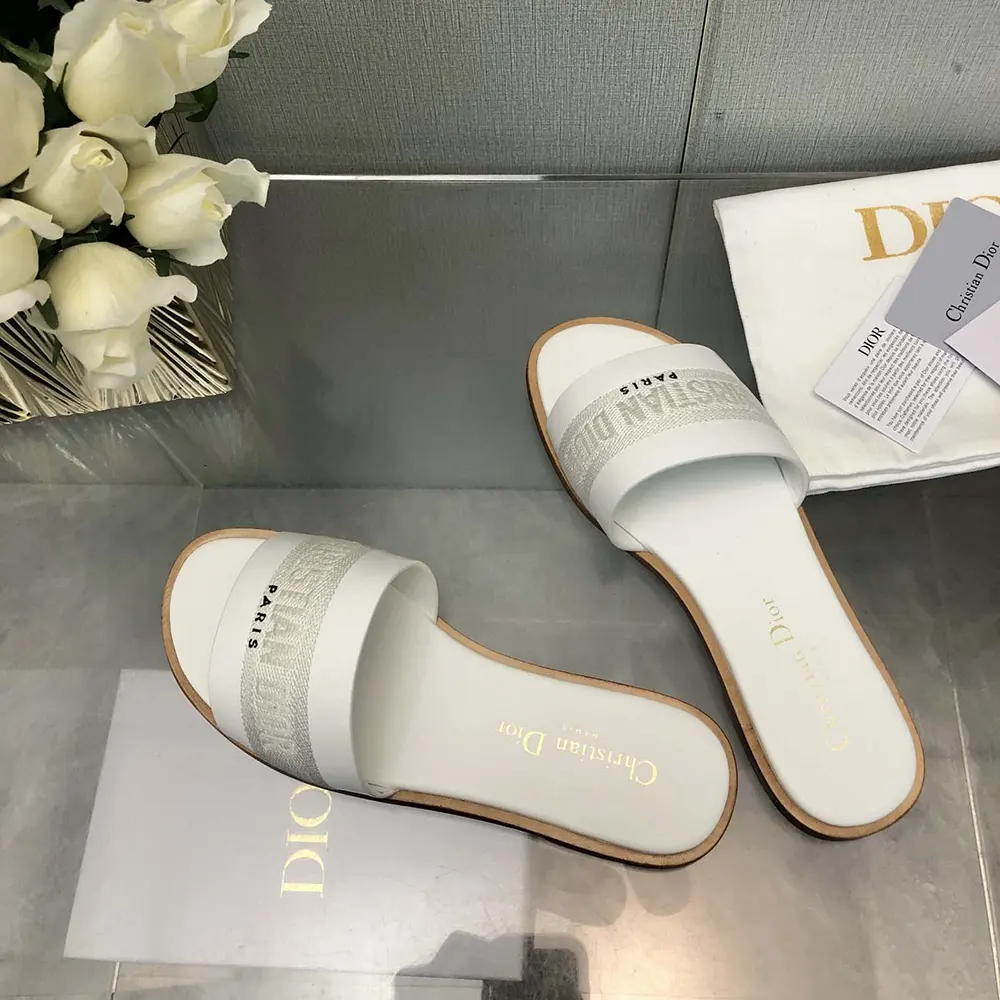 Dior Women Dway Slide White Calfskin and Embroidered Cotton - image 5