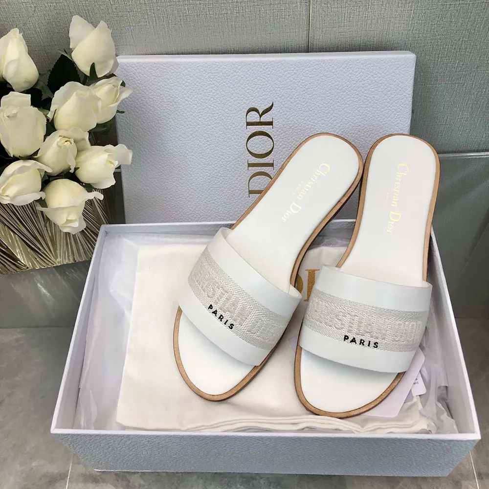 Dior Women Dway Slide White Calfskin and Embroidered Cotton - image 6