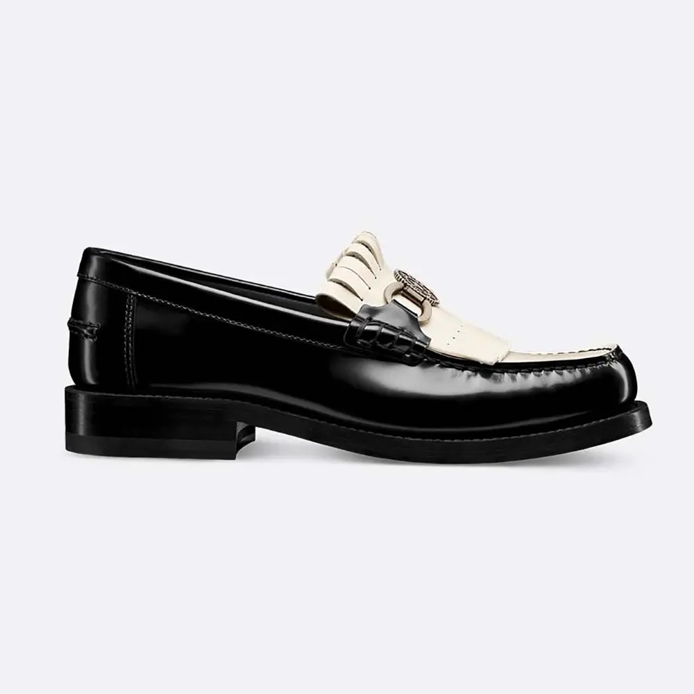 Side profile of Dior Women Emblem Loafer Black and White Brushed Calfskin