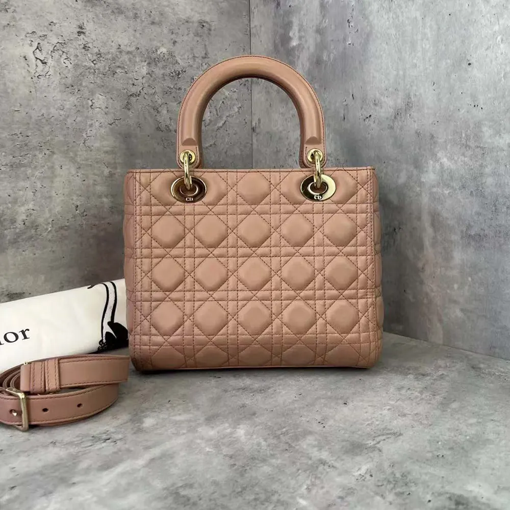 Side angle showing gold hardware on Dior Women Medium Lady Dior Bag