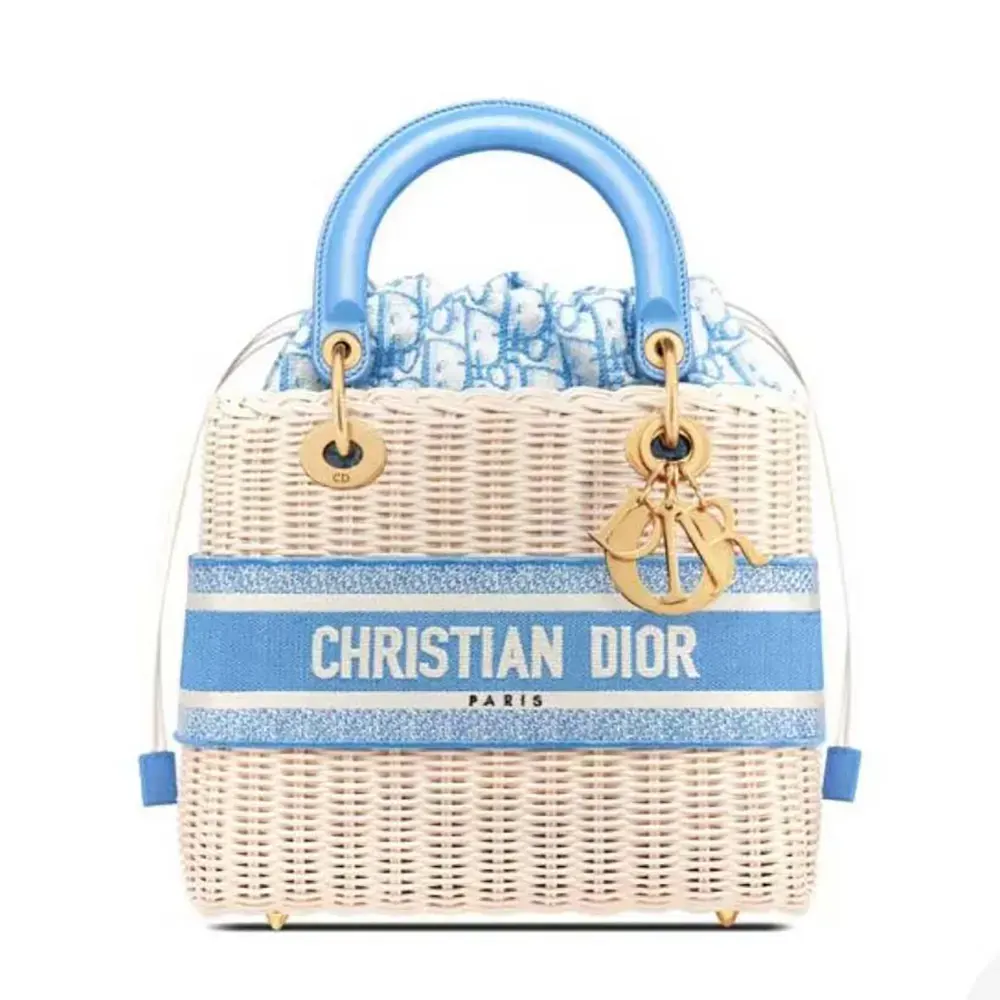 Front view of Dior Women Medium Lady Dior Bag Natural Wicker and Light Blue Dior Oblique Jacquard