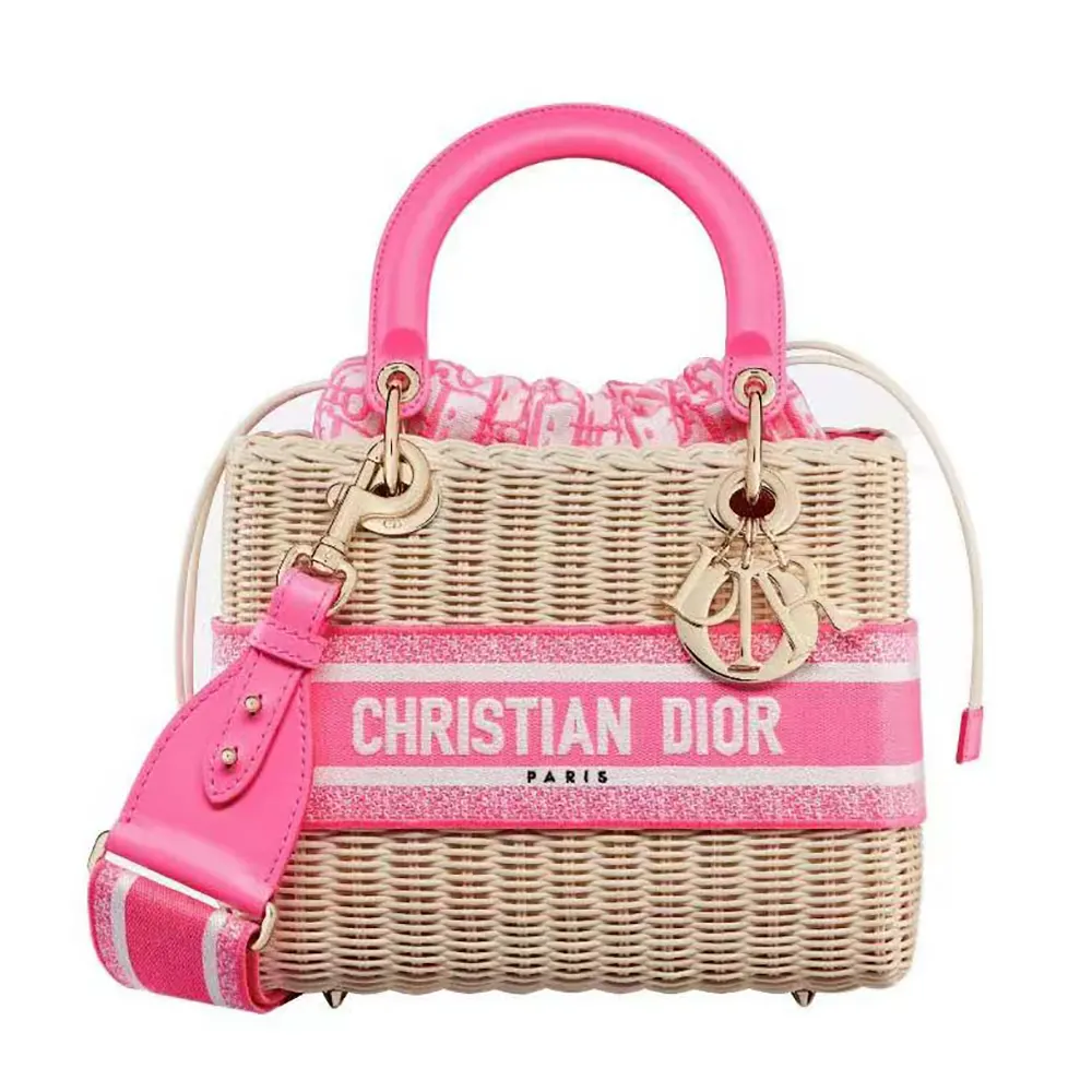 Front view of Dior Women Medium Lady Dior Bag Natural Wicker with pink jacquard