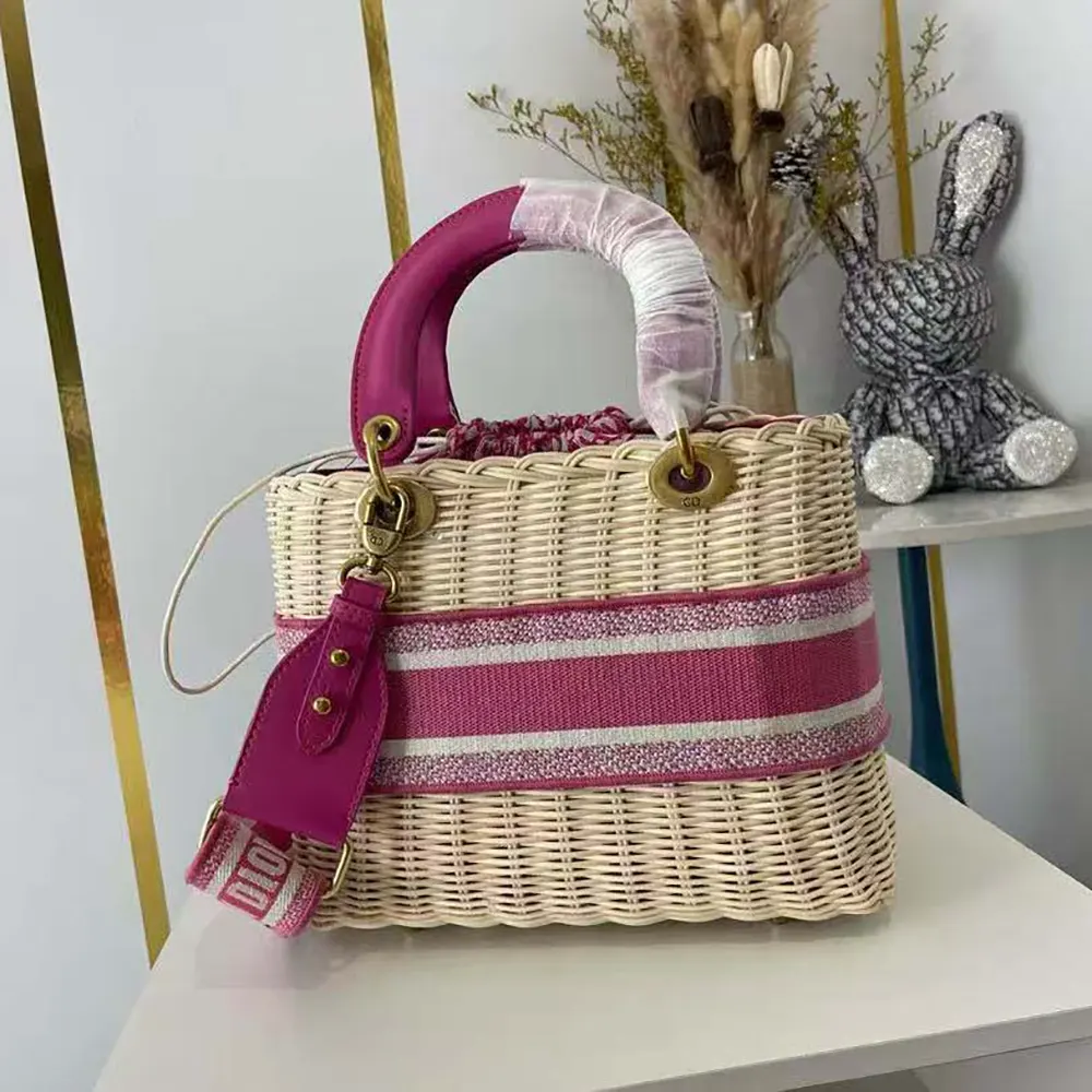 Side angle showing natural wicker texture on Dior Women Medium Lady Dior Bag