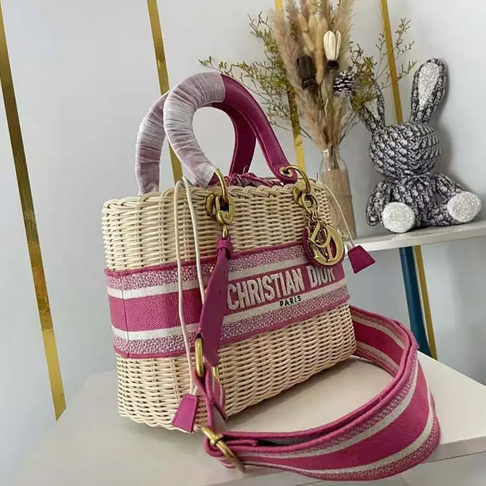 Dior Women Medium Lady Dior Bag Natural Wicker and Pink Dior Oblique Jacquard - image 5