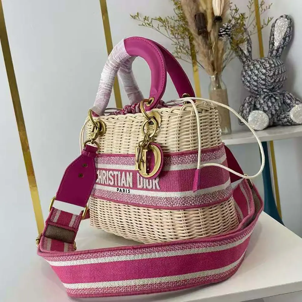 Dior Women Medium Lady Dior Bag Natural Wicker and Pink Dior Oblique Jacquard - image 4