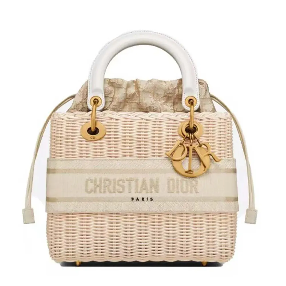 Front view of Dior Women Medium Lady Dior Bag Natural Wicker and White Dior Oblique Jacquard