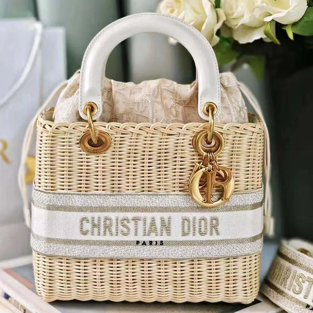 Close-up of signature Cannage stitching and silver hardware on Lady Dior Bag