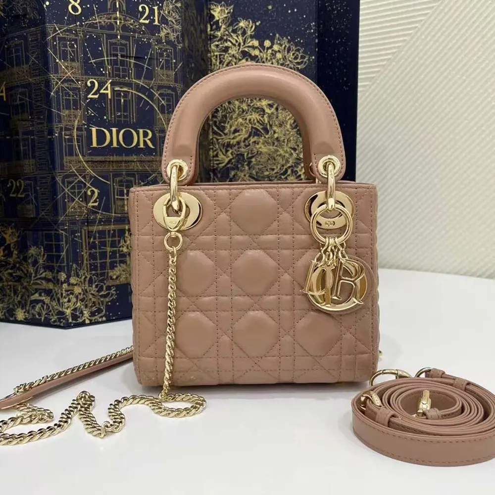 Close-up of pink lambskin and silver Cannage hardware details