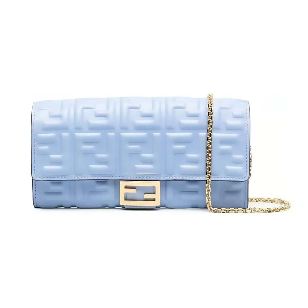Front view of Fendi Women Baguette Continental Wallet With Chain in blue leather