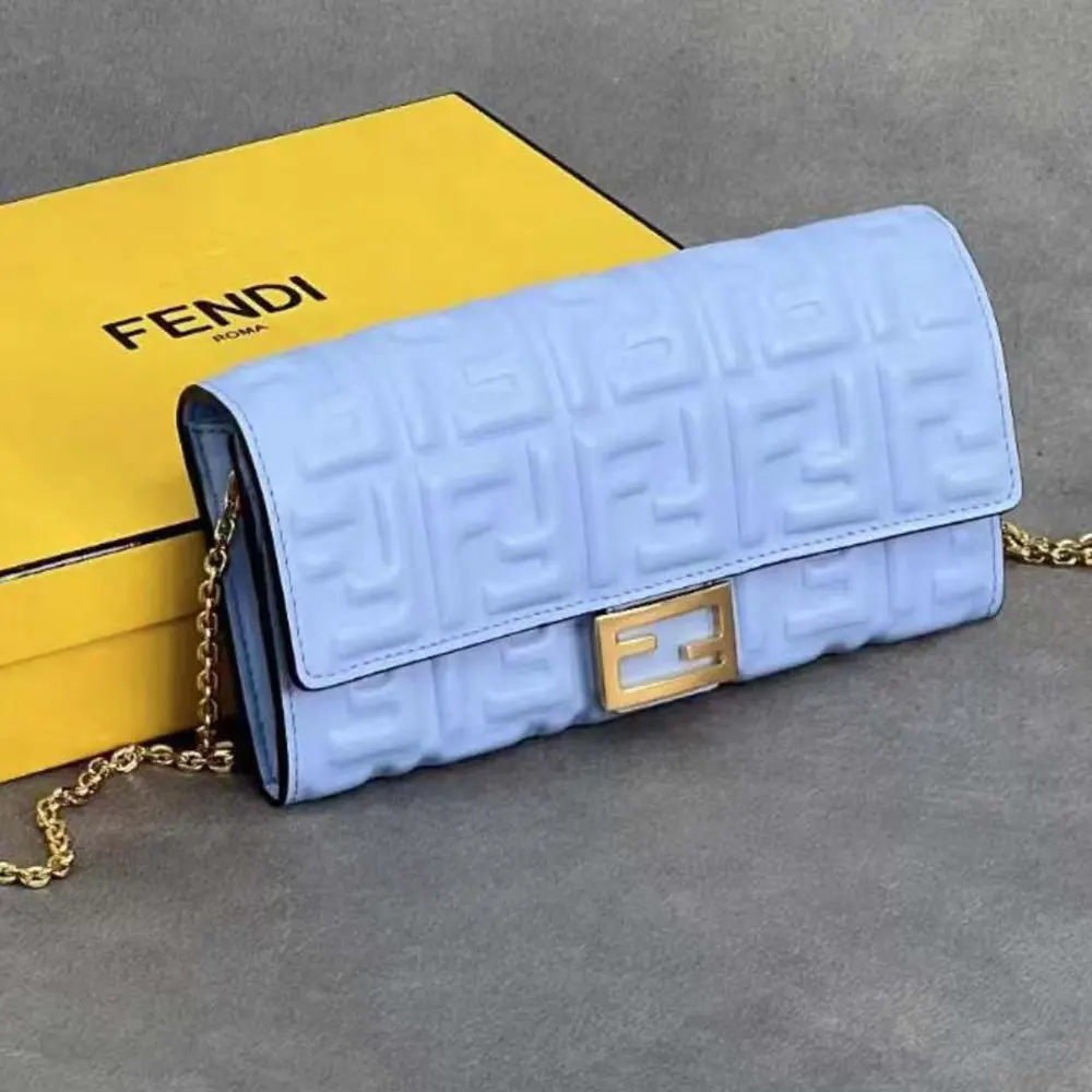 Fendi Women Baguette Continental Wallet With Chain Blue Nappa Leather Wallet - image 4