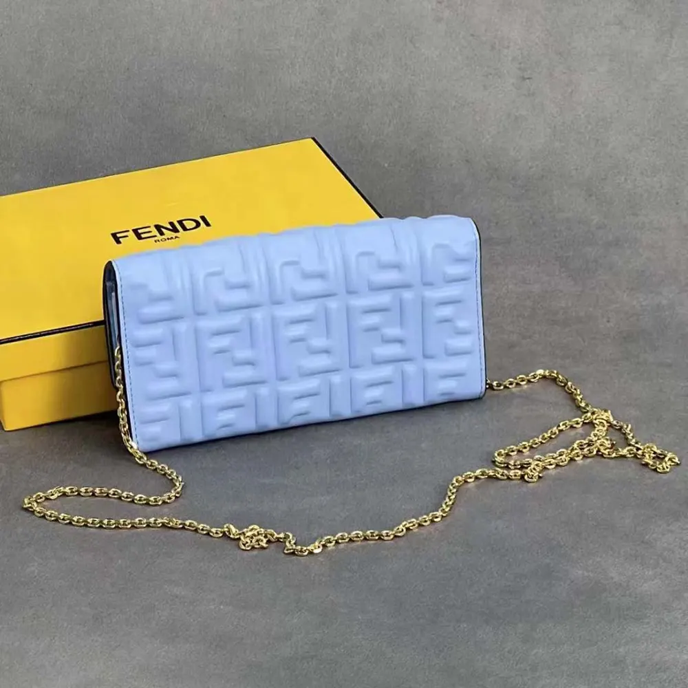 Side angle showing slim profile of Fendi Women Baguette Continental Wallet With Chain
