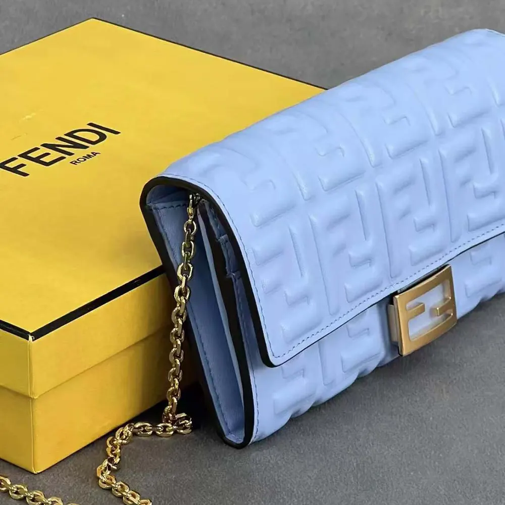 Fendi Women Baguette Continental Wallet With Chain Blue Nappa Leather Wallet - image 5