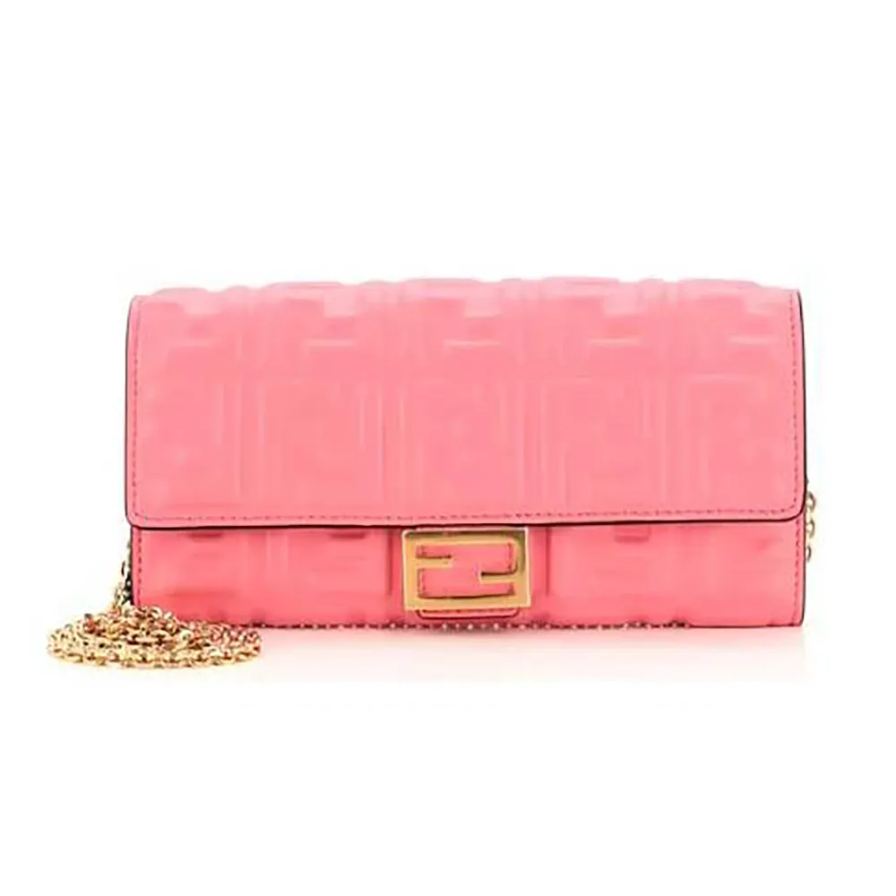 Front view of Fendi Women Baguette Continental Wallet With Chain Pink Nappa Leather Wallet