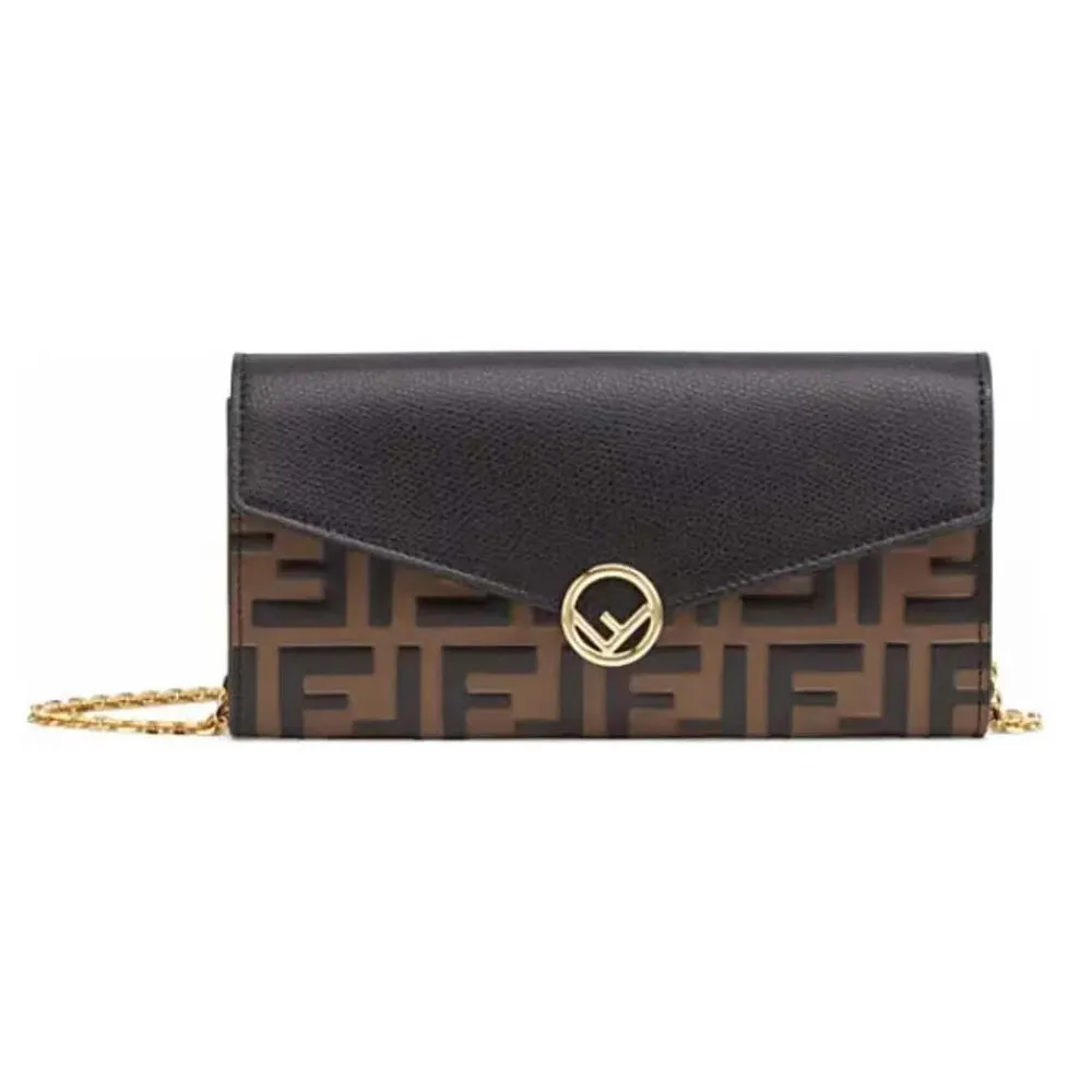 Front view of Fendi Women FF With Chain Brown Leather Wallet showing chain detail