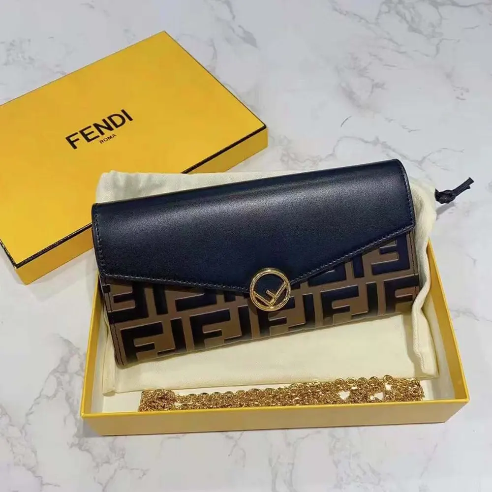 Side angle of Fendi Women FF With Chain Brown Leather Wallet showcasing slim silhouette