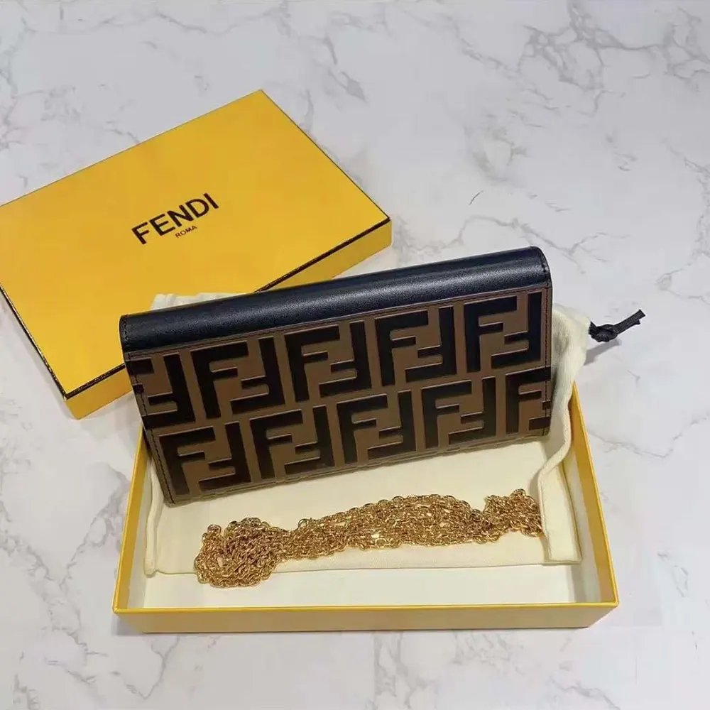 Fendi Women FF With Chain Brown Leather Wallet - image 4