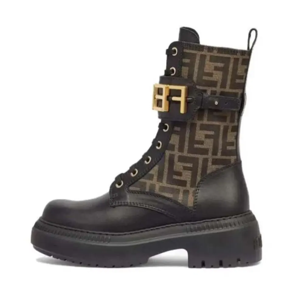 Side view of Fendi Women Fendigraphy Black Leather Biker Boots