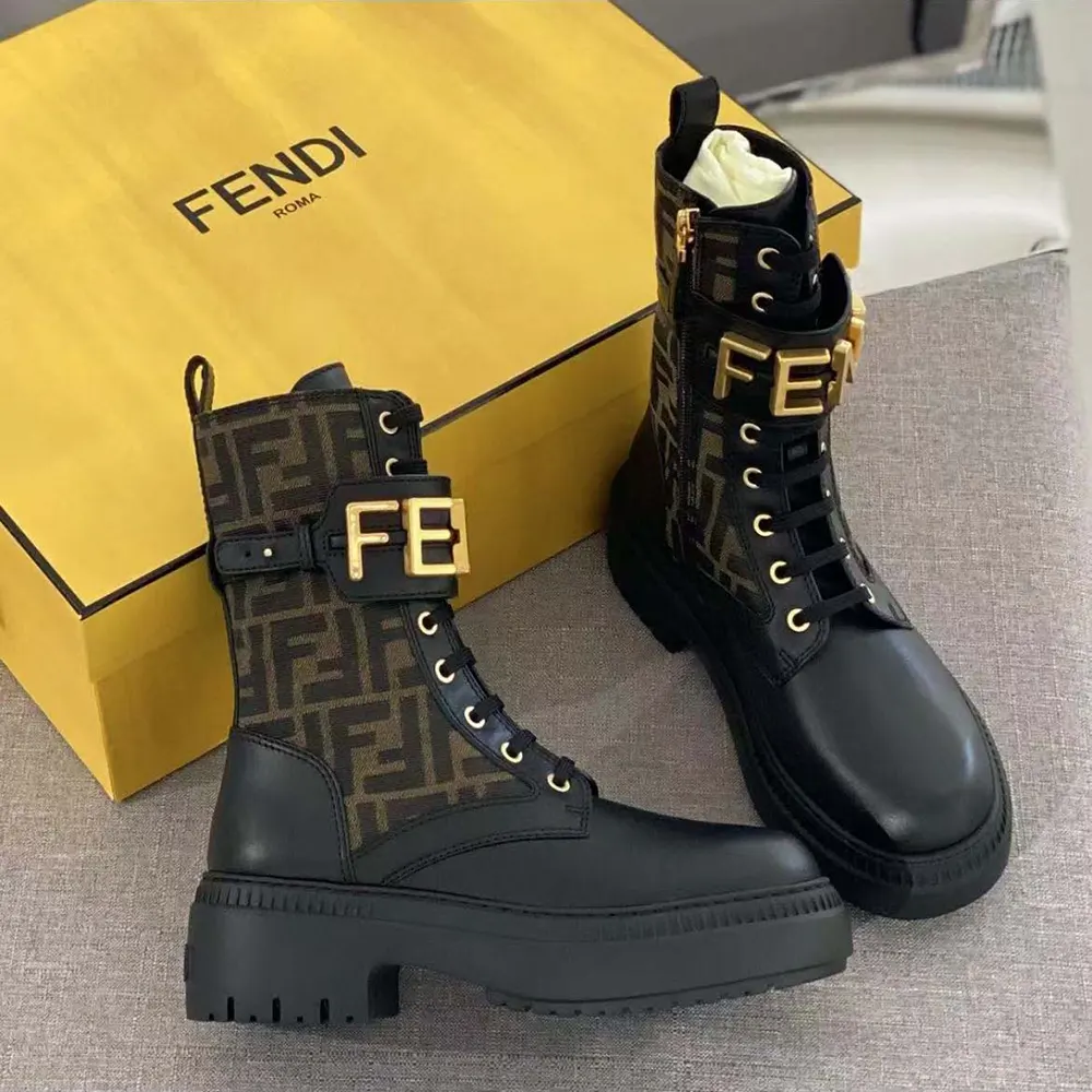 Close-up of Fendi embroidery on Fendigraphy Black Leather Biker Boots