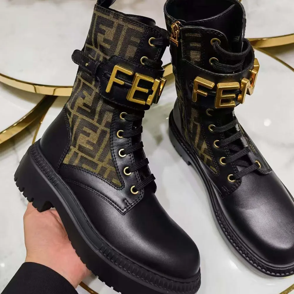 Fendi Women Fendigraphy Black Leather Biker Boots with Stretch Fabric - image 5