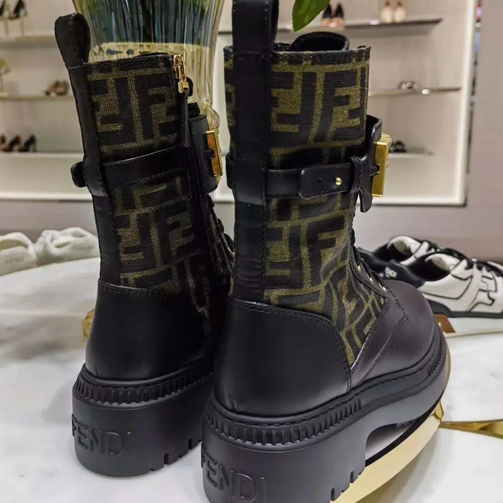 Fendi Women Fendigraphy Black Leather Biker Boots with Stretch Fabric - image 8