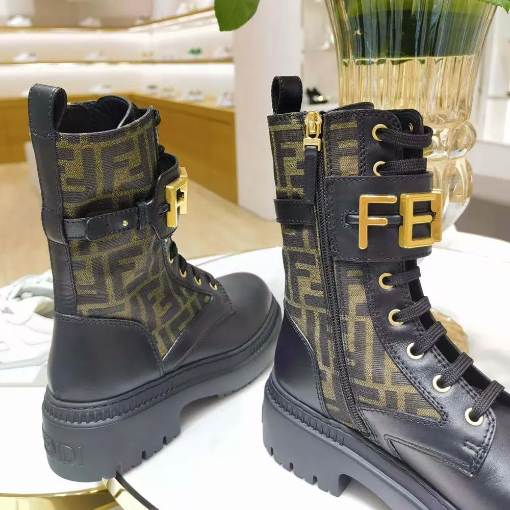 Fendi Women Fendigraphy Black Leather Biker Boots with Stretch Fabric - image 7