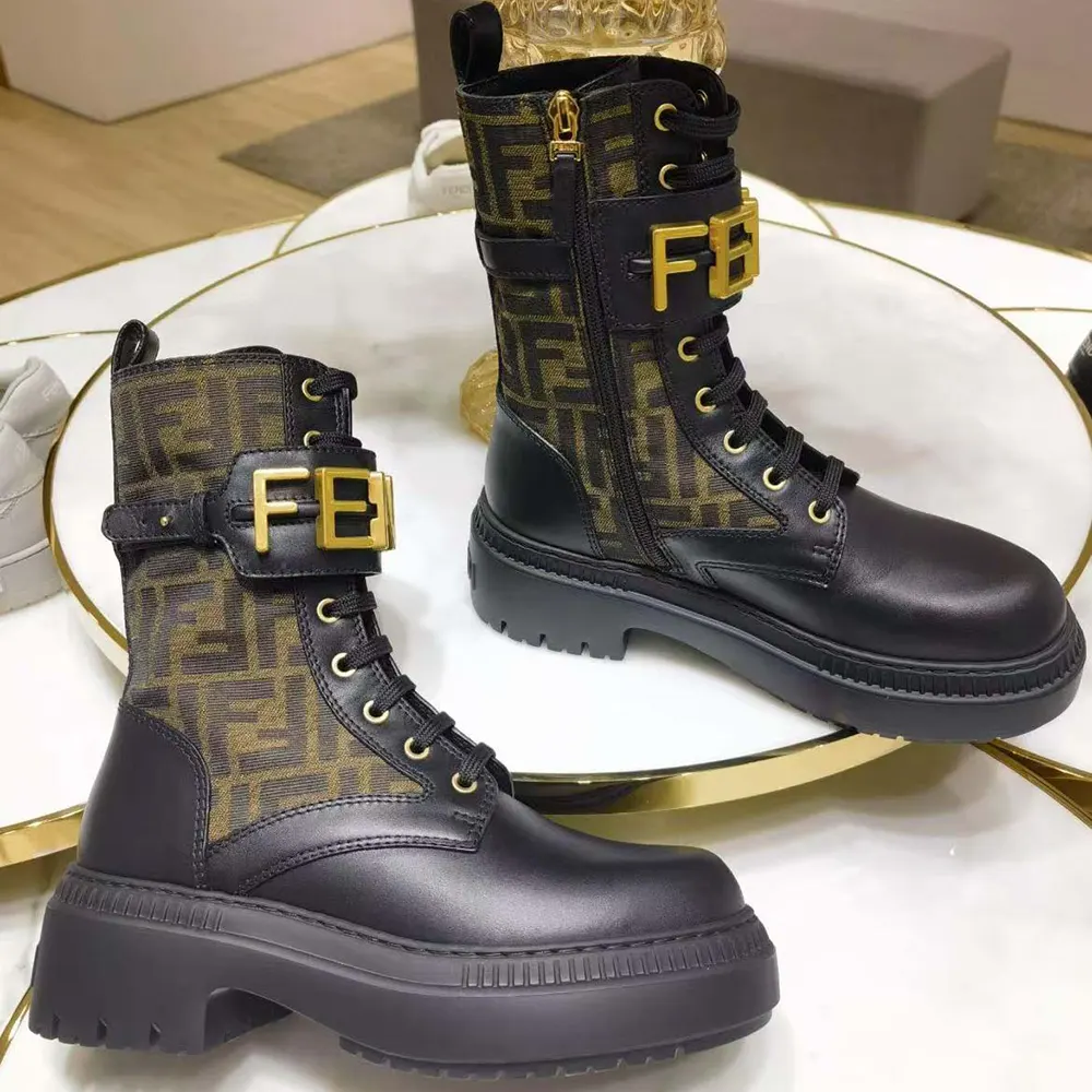 Fendi Women Fendigraphy Black Leather Biker Boots with Stretch Fabric - image 4