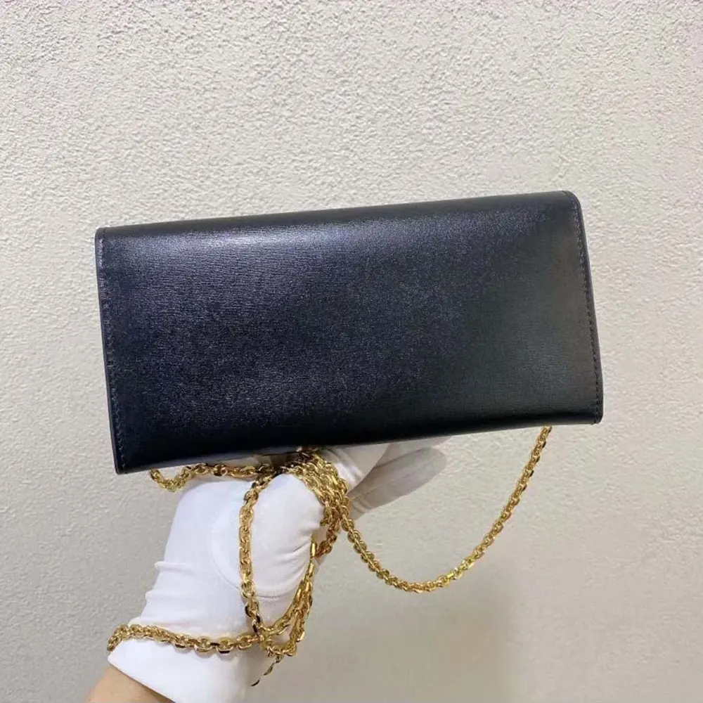 Side angle showing slim profile of Fendi Women Shoulder Bag Chain Black Leather Wallet