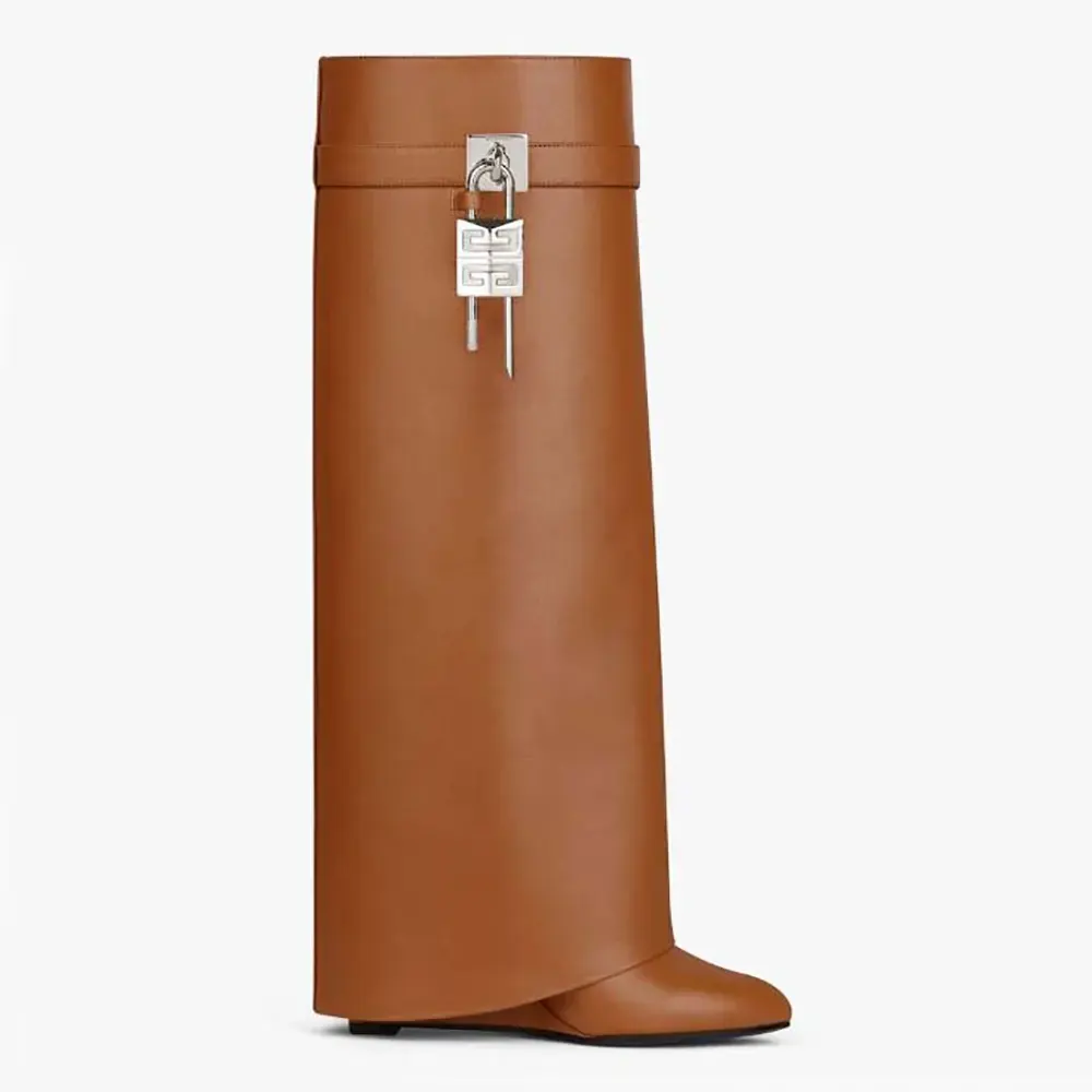 Side angle of Givenchy Women Shark Lock Boots in Leather-Tan