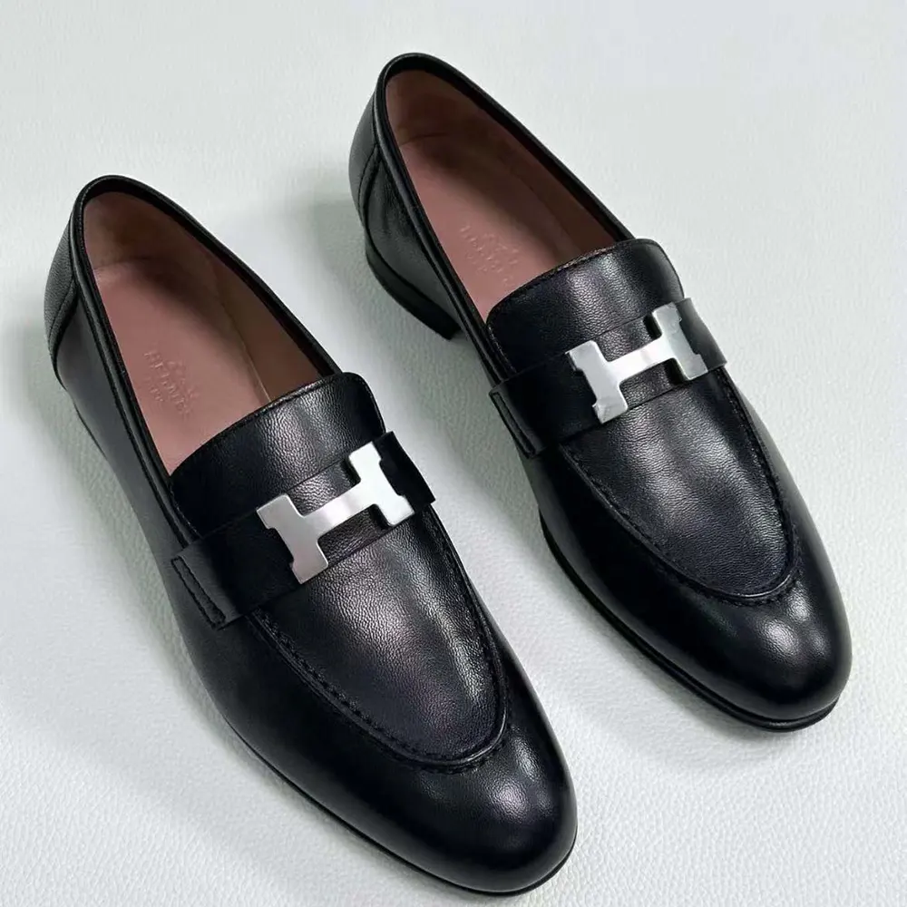 Top view of Hermes Men Loafer in Calfskin showcasing sleek black leather