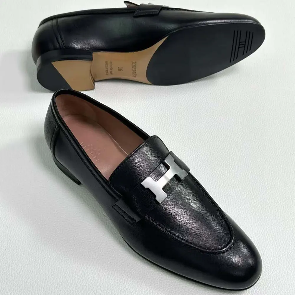 Hermes Men Loafer in Calfskin with Palladium Plated Signature “H” Detail-Black - image 4