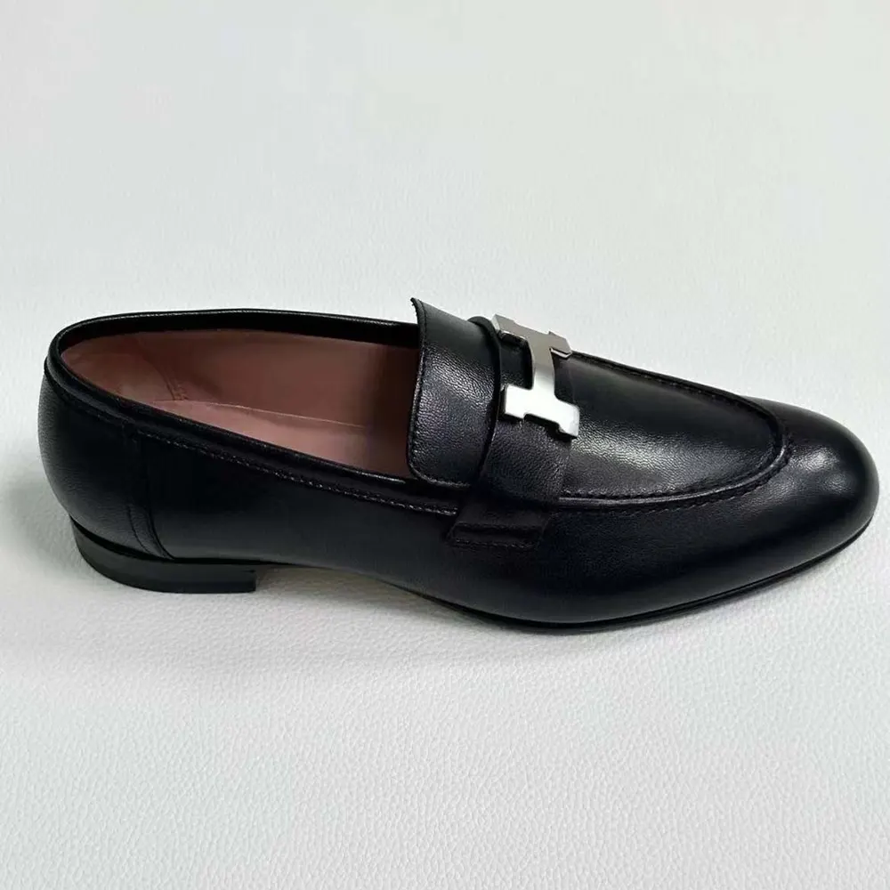 Hermes Men Loafer in Calfskin with Palladium Plated Signature “H” Detail-Black - image 5