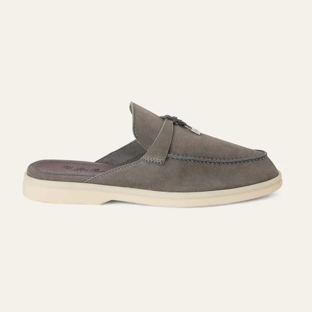 Side profile of Loro Piana Unisex Babouche Charms Walk Loafers-Gray suede loafers