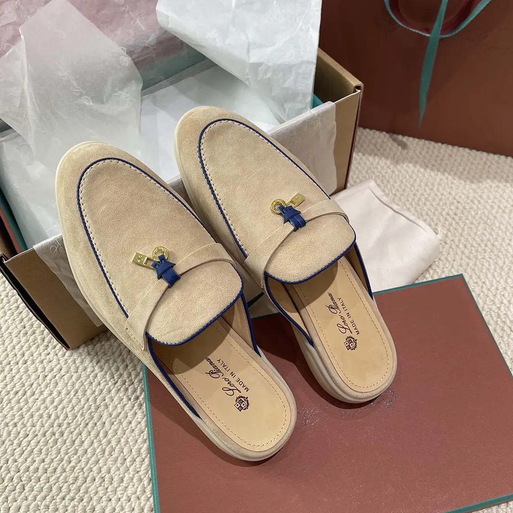 Overhead detail showing beige leather texture on Loro Piana loafer