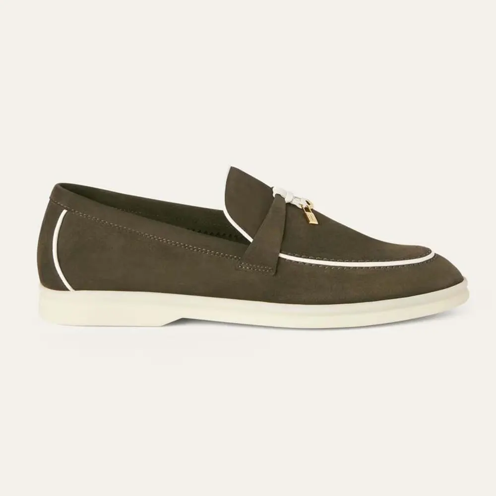Side angle of Loro Piana Unisex Summer Charms Walk Loafer-Dark Green