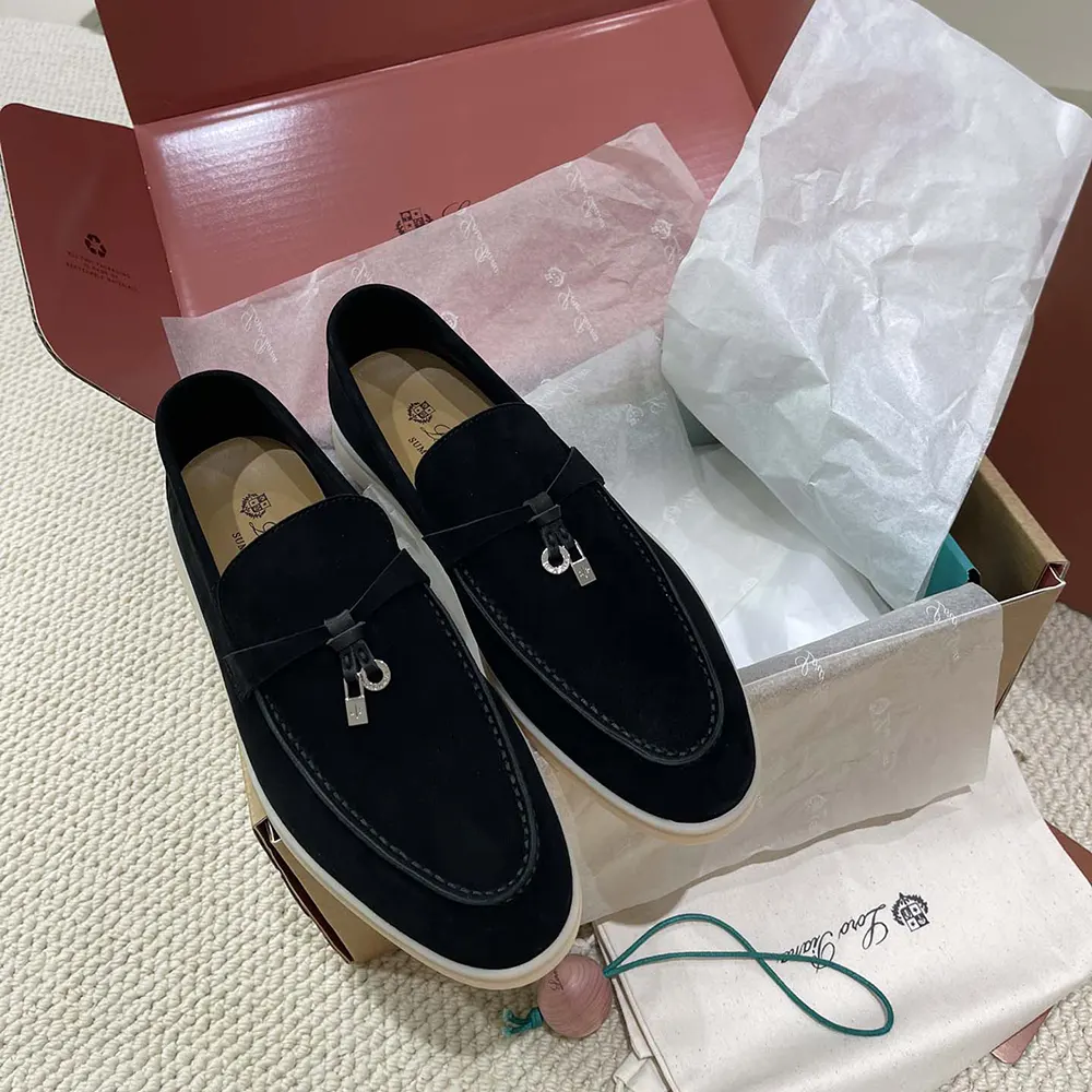Close-up of signature metallic charm on Loro Piana Unisex Summer Charms Walk Loafers-Black