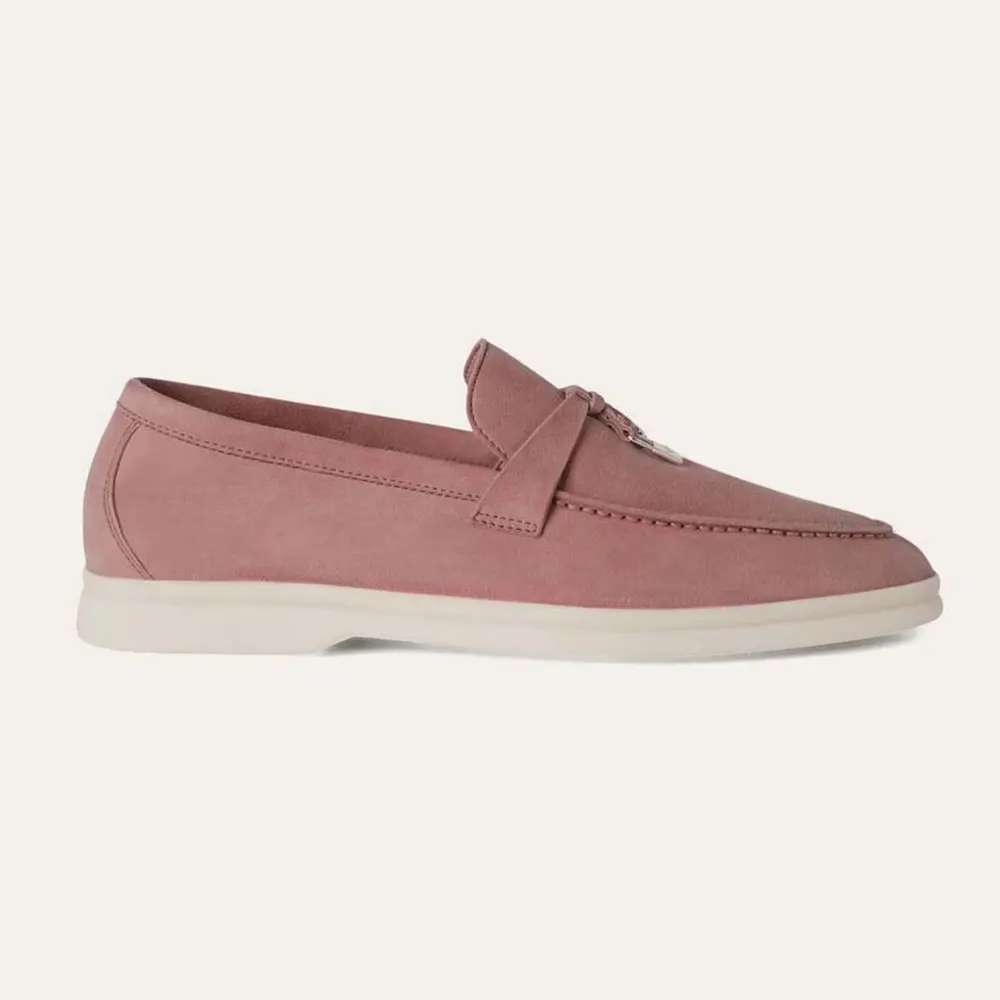 Side angle of Loro Piana Unisex Summer Charms Walk Loafers-Pink showing charm detail