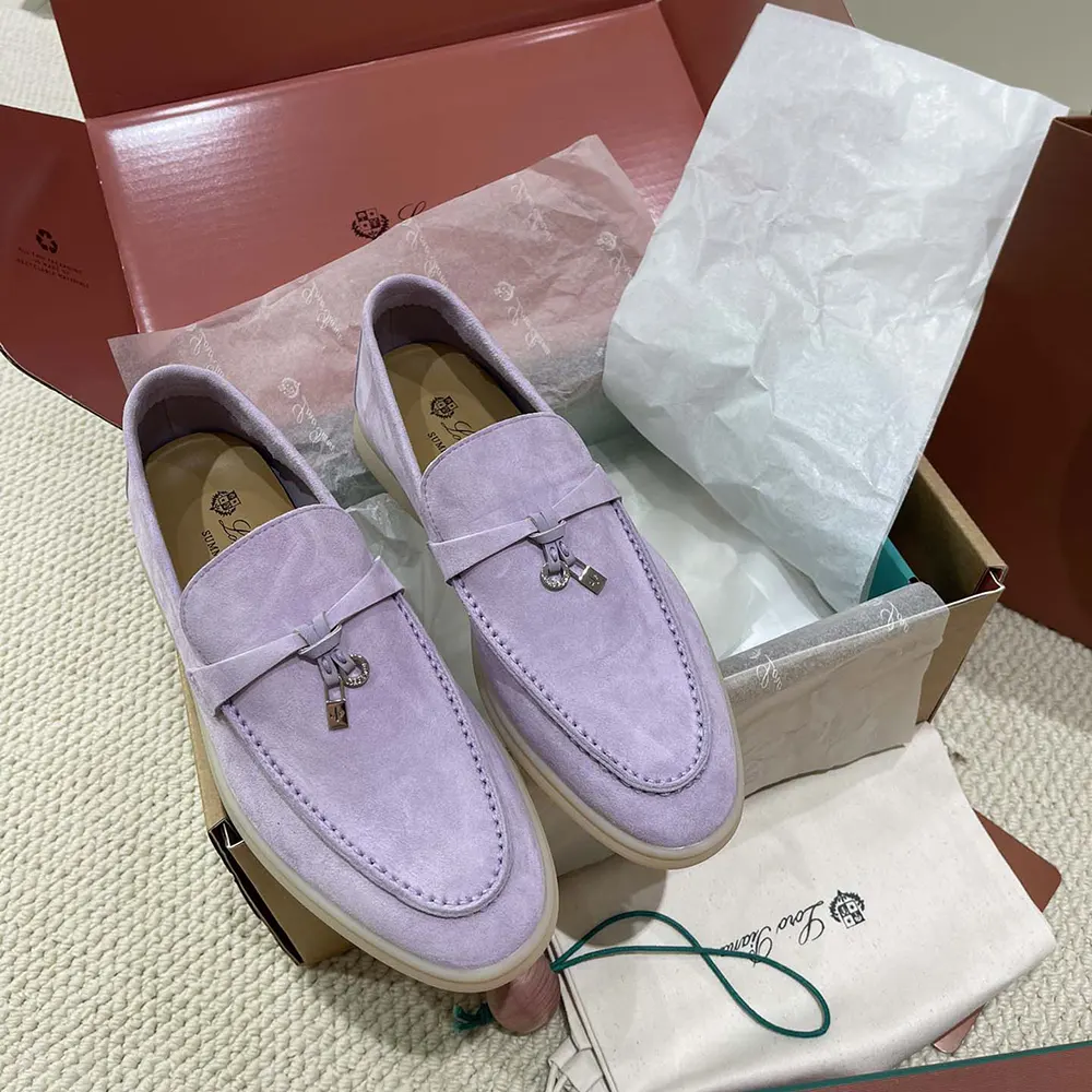 Close-up of bead charm detail on purple Loro Piana Summer Charms loafers