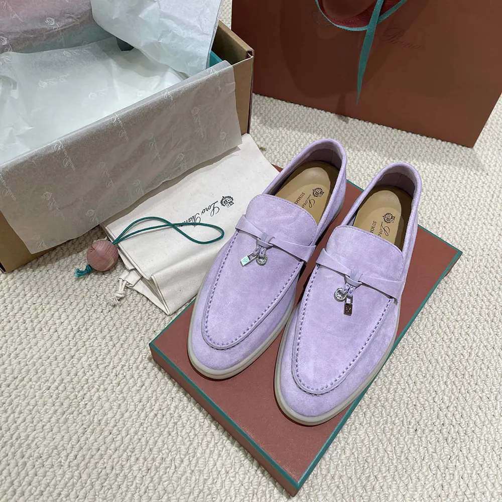 Top angle of purple Loro Piana Unisex Summer Charms Walk Loafers highlighting suede texture