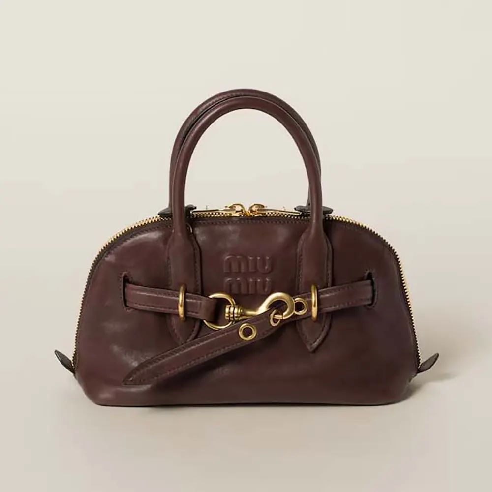 Front view of Miu Miu Women Aventure Nappa Leather Top-handle Bag-Bordeaux