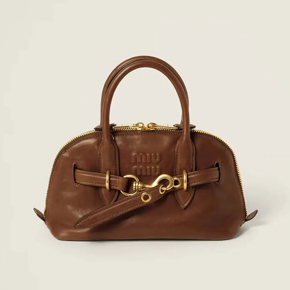 Front view of Miu Miu Women Aventure Nappa Leather Top-handle Bag-Brown