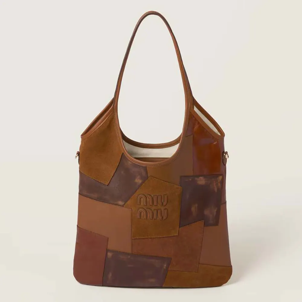 Front view of Miu Miu Women IVY Leather Patchwork Bag-Brown showing patchwork detail