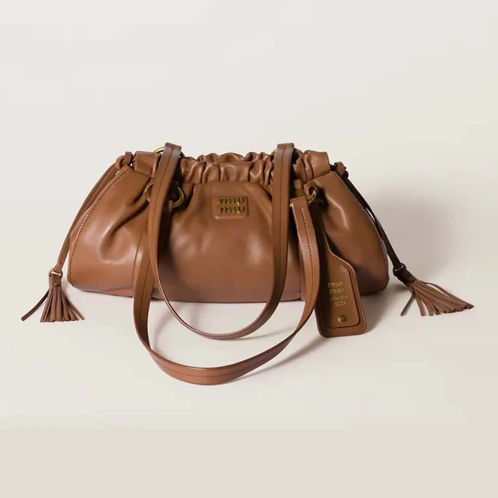 Front view of Miu Miu Women Joie Nappa Leather Bag-Brown showcasing flap closure