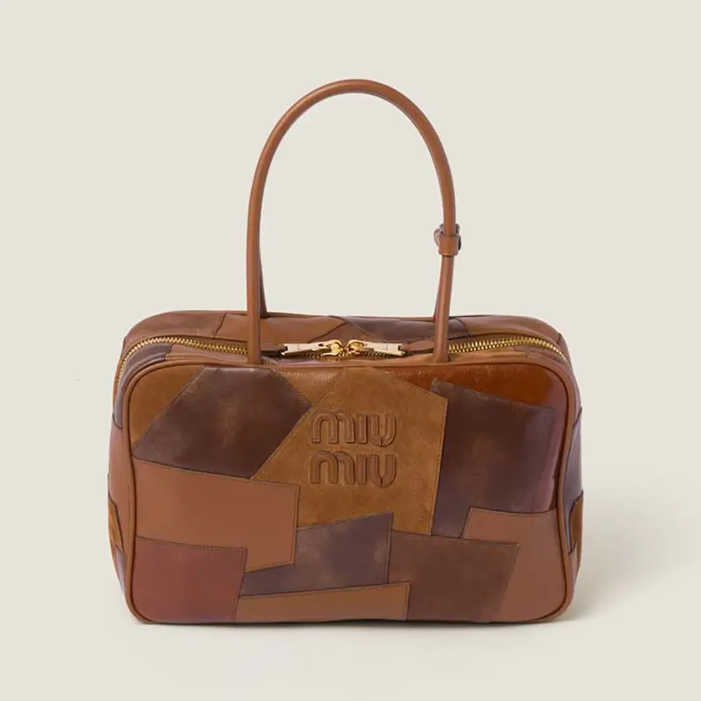 Front view of Miu Miu Women Leather Patchwork Beau Bag-Brown shoulder bag