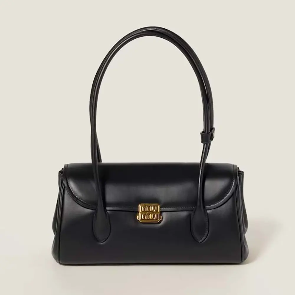 Front view of Miu Miu Women Leather Shoulder Bag-Black with flap closed