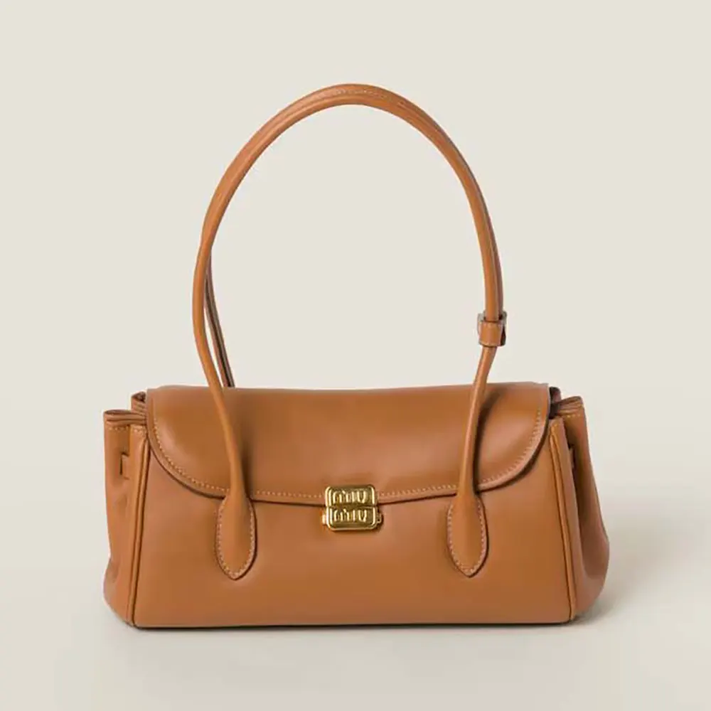 Front view of Miu Miu Women Leather Shoulder Bag-Brown showing flap closure