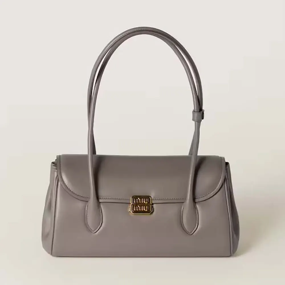 Front view of Miu Miu Women Leather Shoulder Bag-Grey showcasing flap and logo